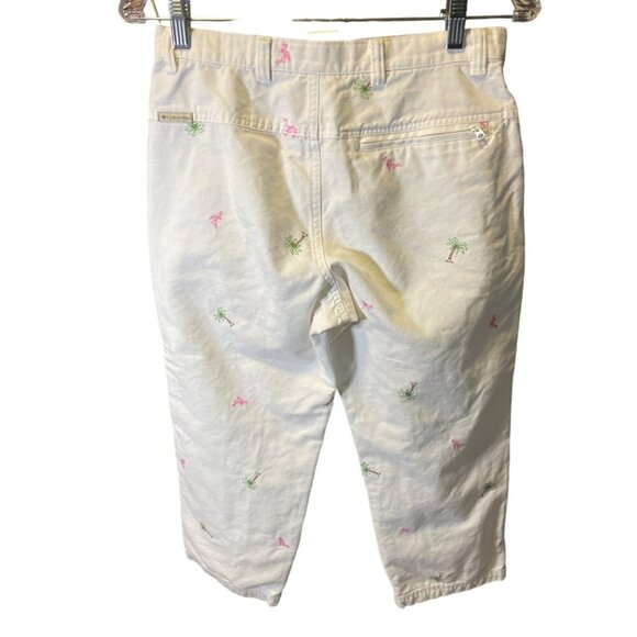 Columbia White Summer Palm Tree Flamingo Embroidered Cropped Pants Sz 6 - Picture 2 of 8
